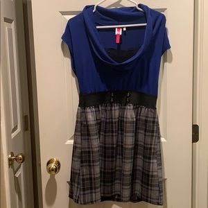 Blue Top/Plaid Skirt Dress with Buttons (L)